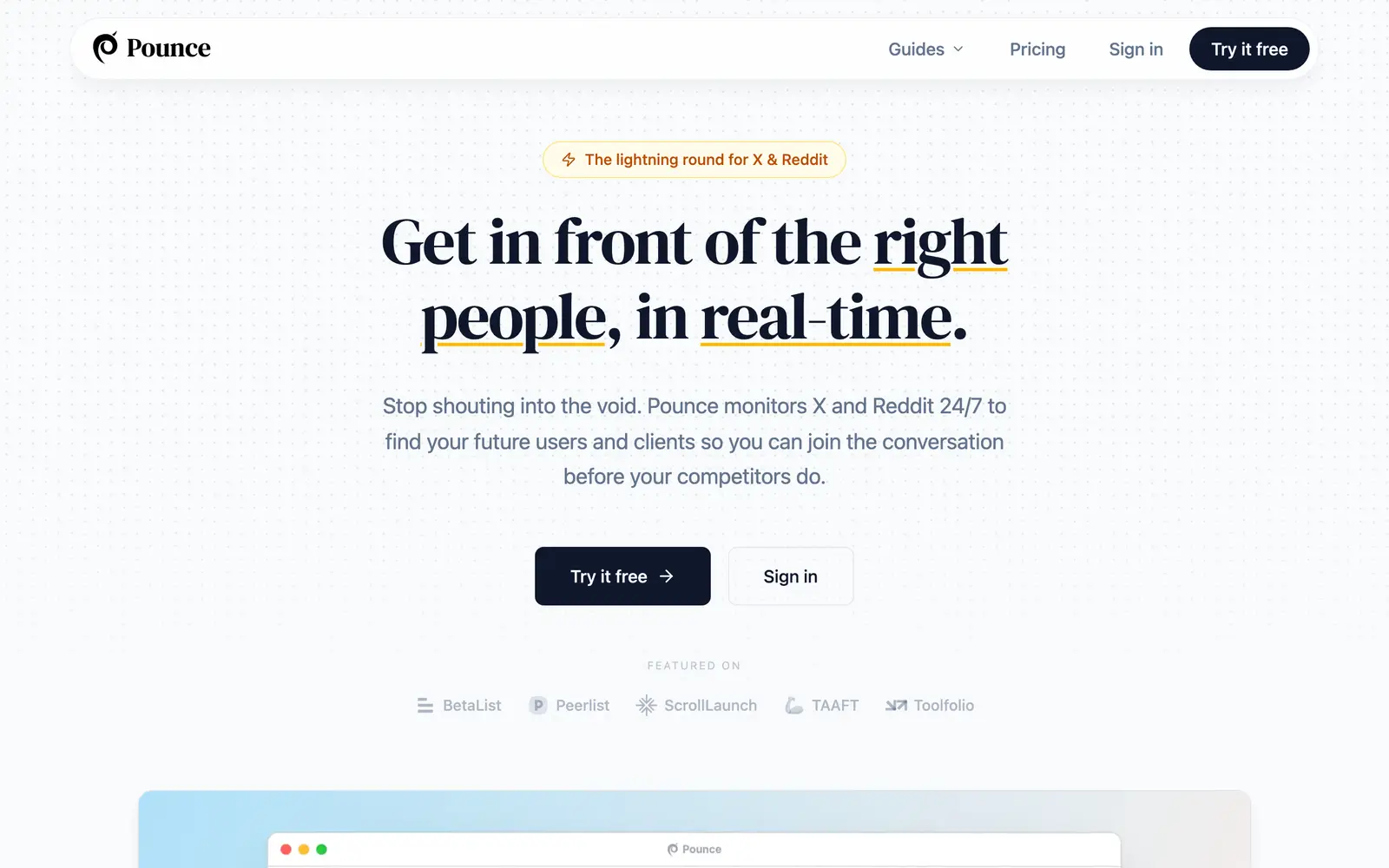 Screenshot of the Pounce website