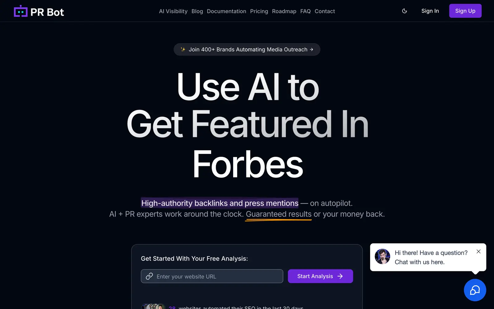 Screenshot of the PRBot.ai website