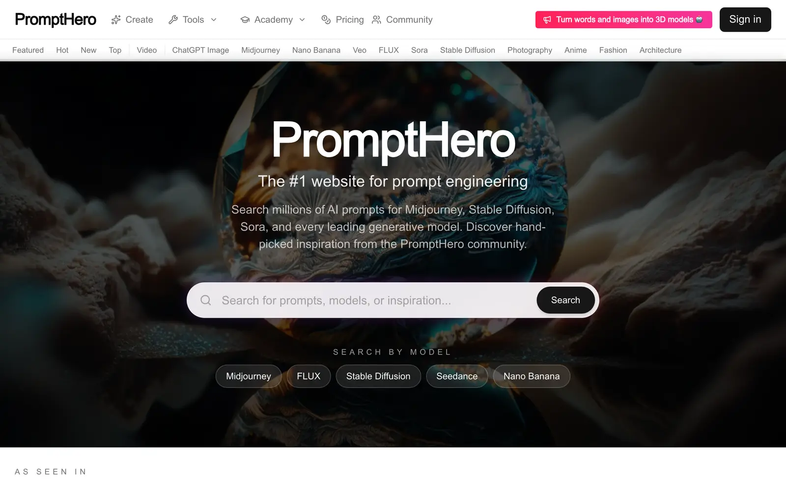 Screenshot of the PromptHero website