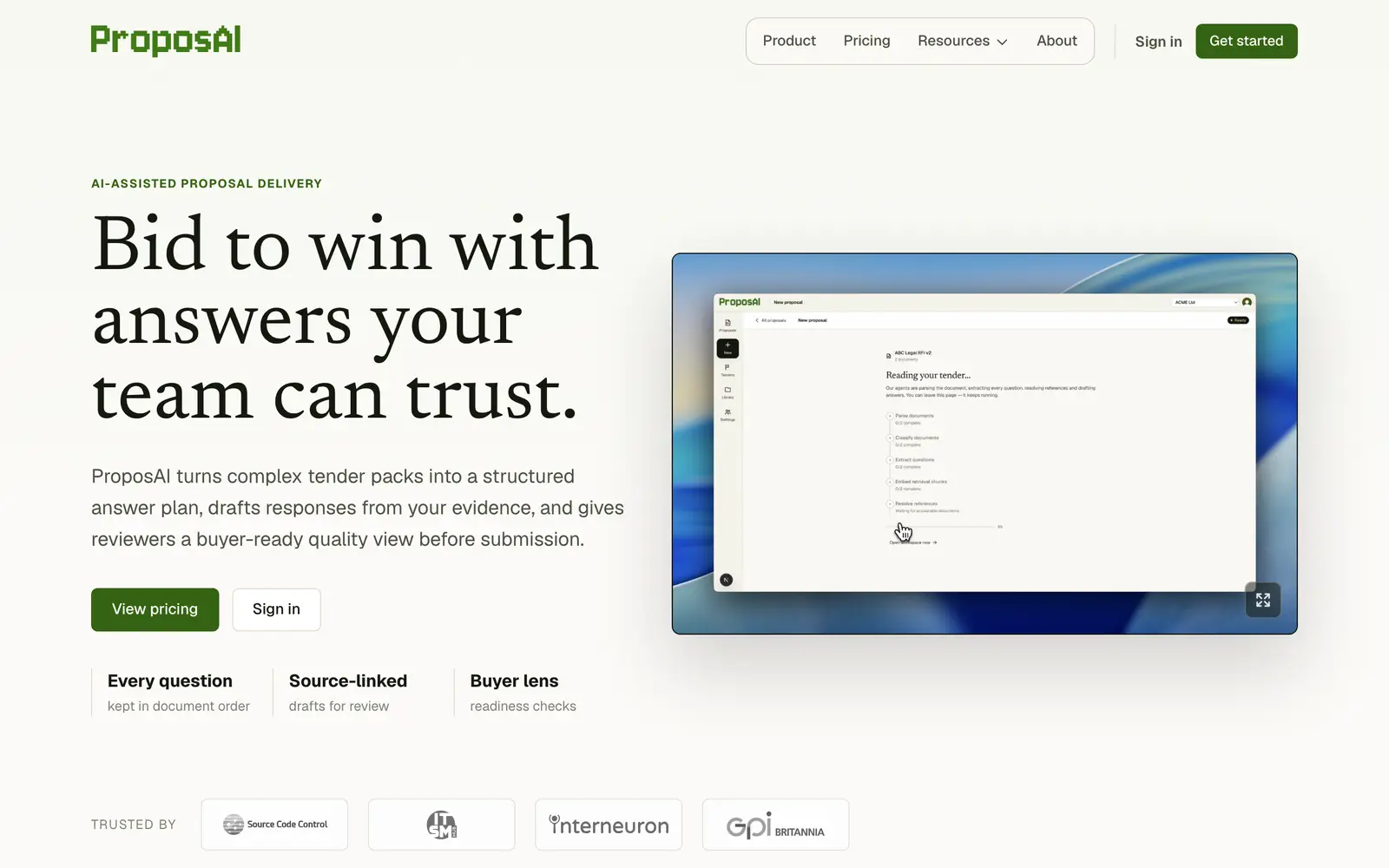 Screenshot of the ProposAI website