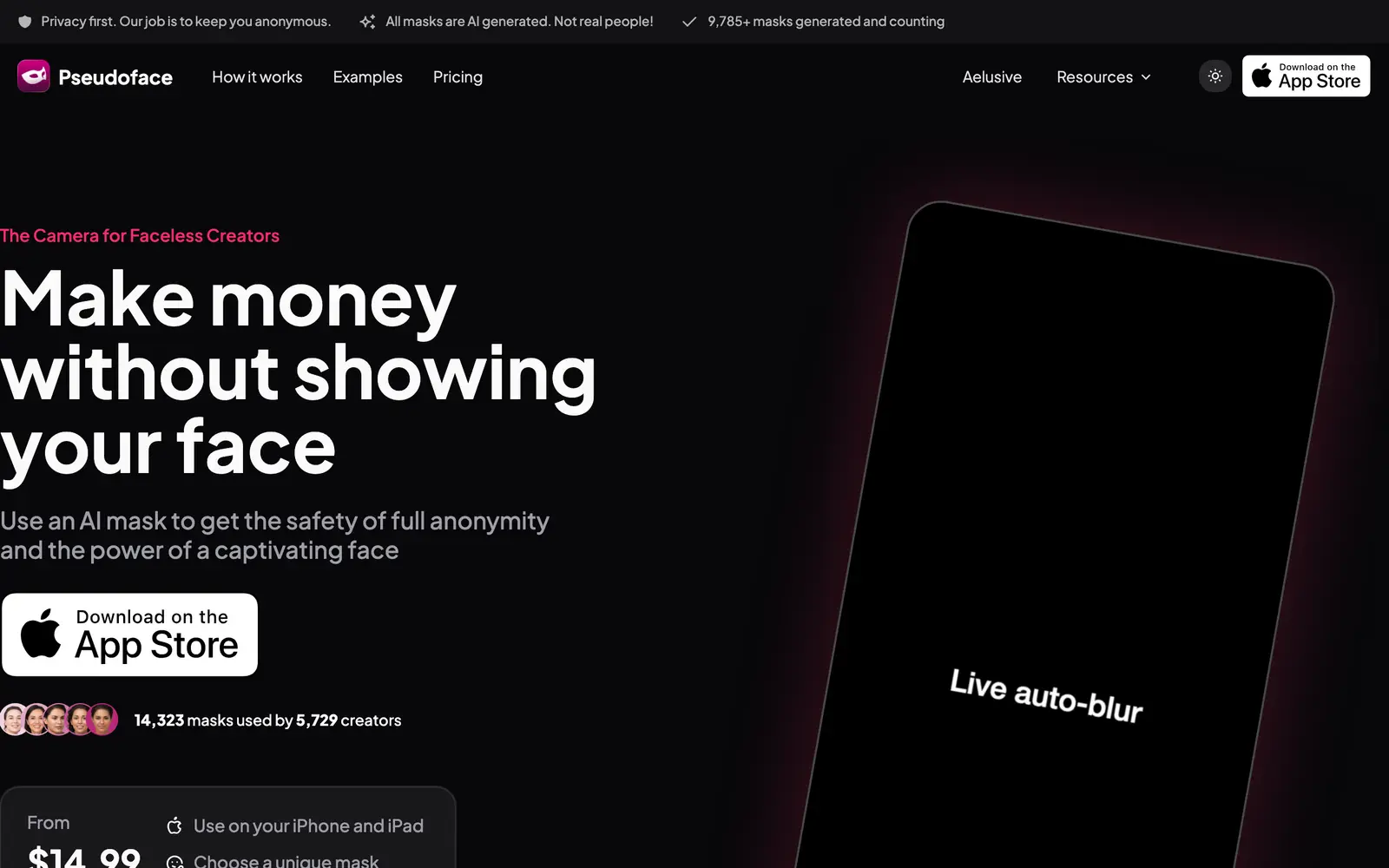 Screenshot of the Pseudoface website