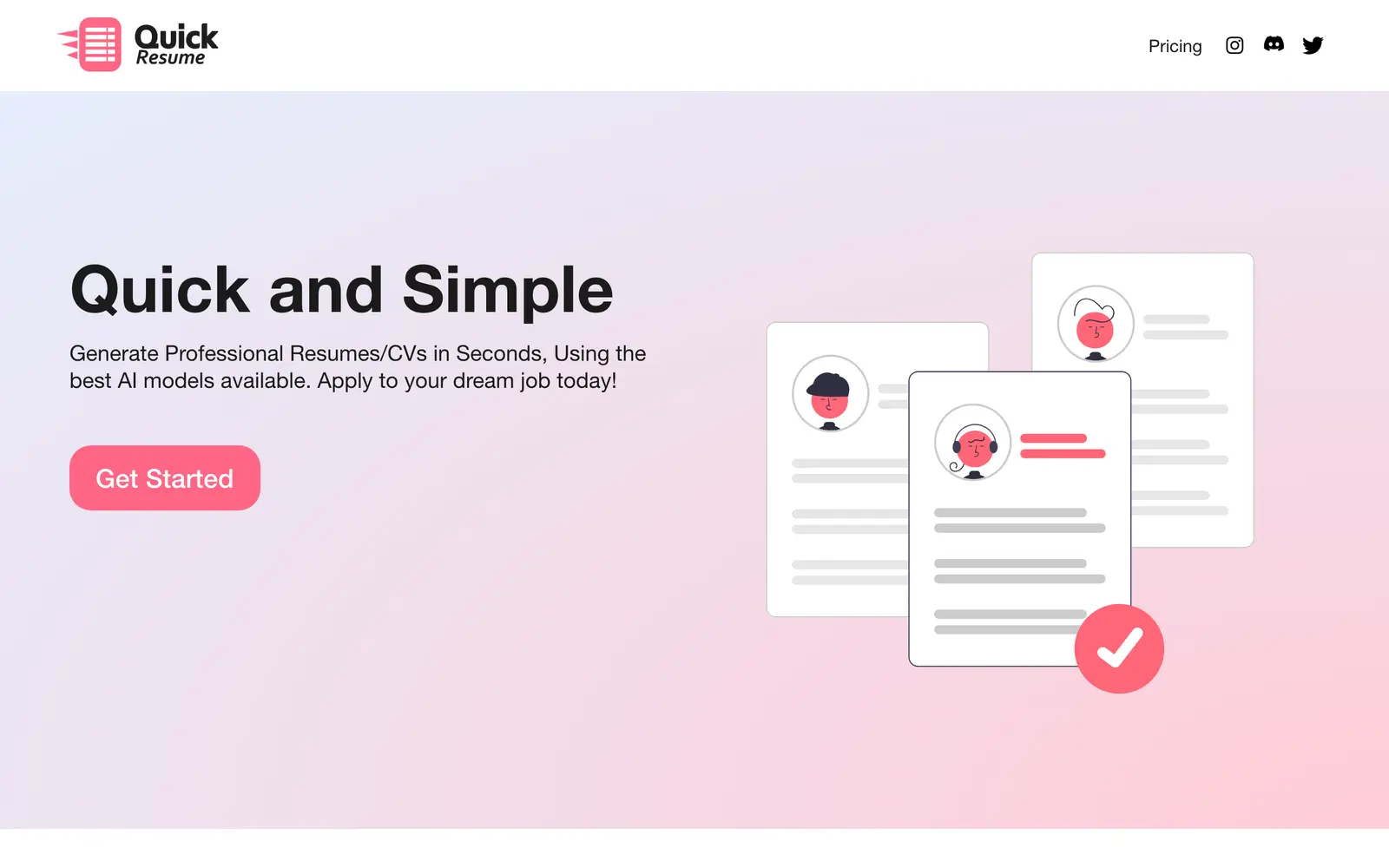 Screenshot of the Quick Resume website
