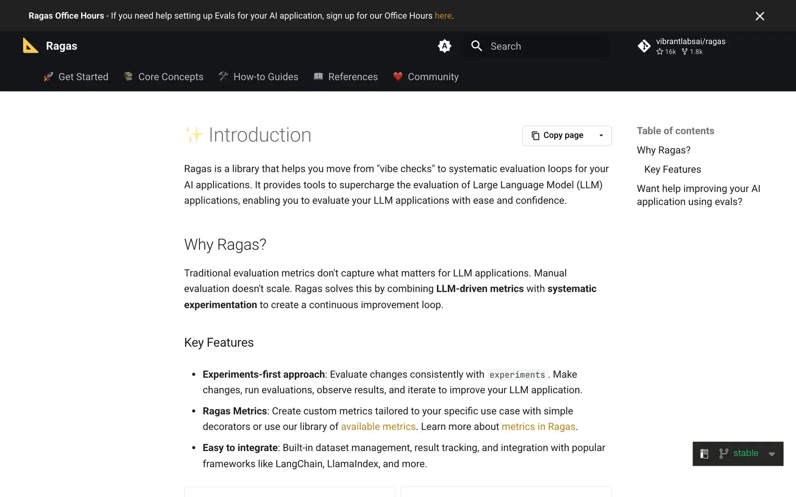 Screenshot of the Ragas website
