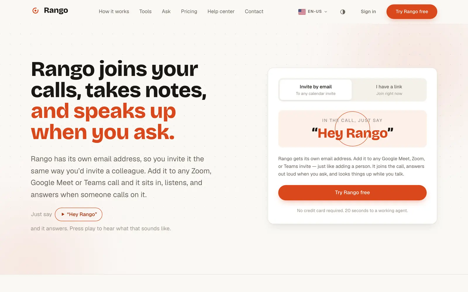 Screenshot of the Rango AI website