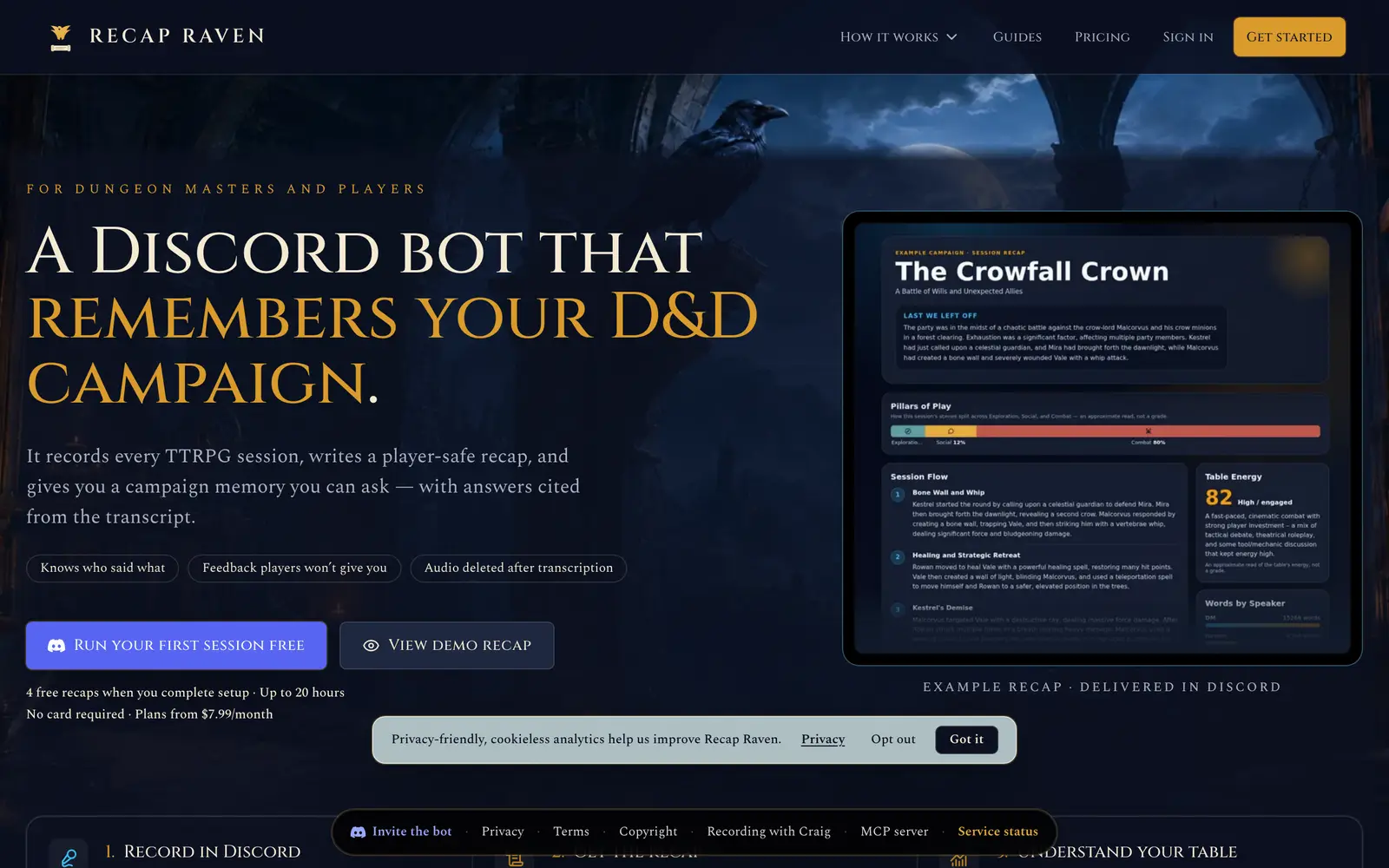 Screenshot of the Recap Raven website