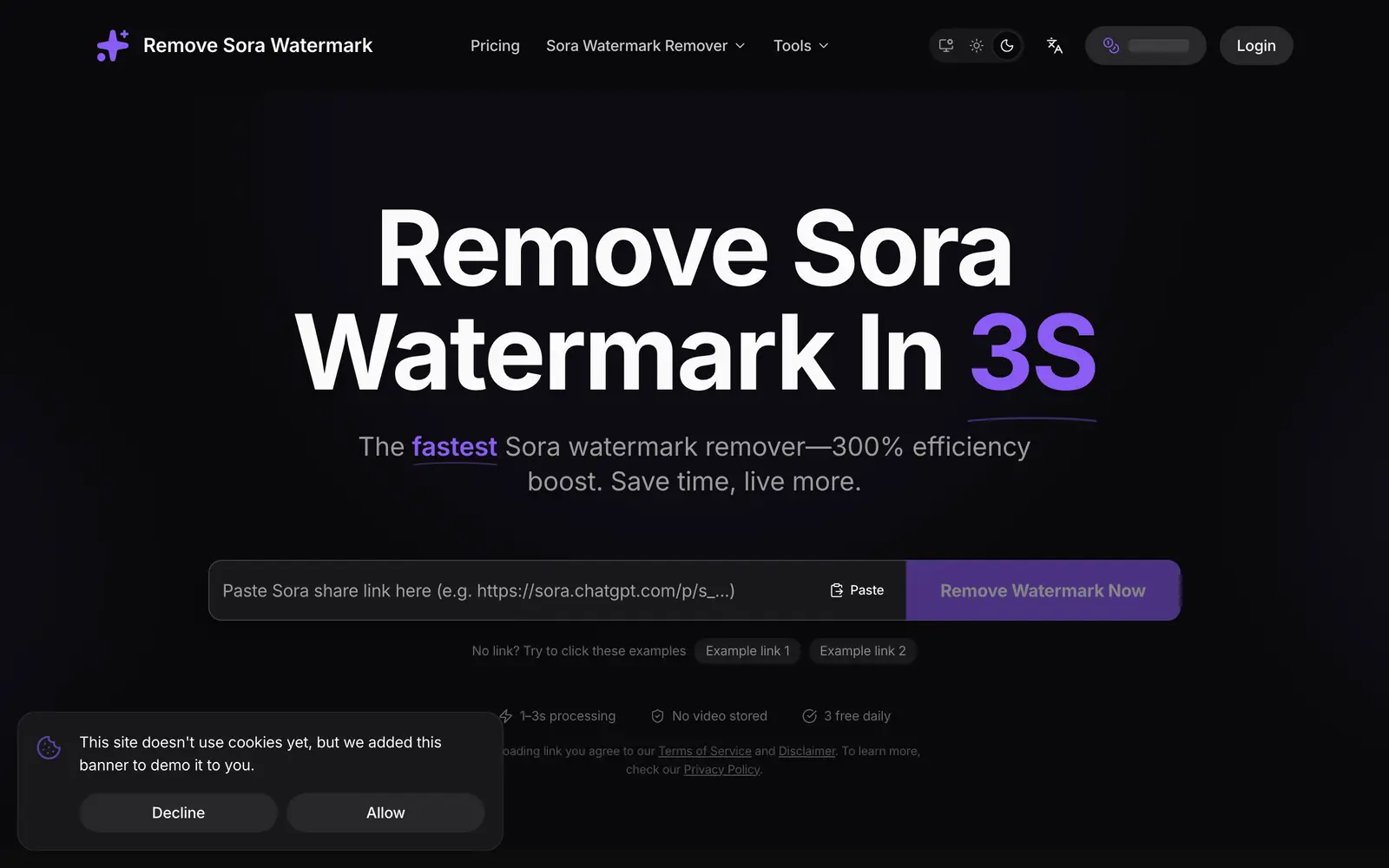 Screenshot of the Remove Sora Watermark website