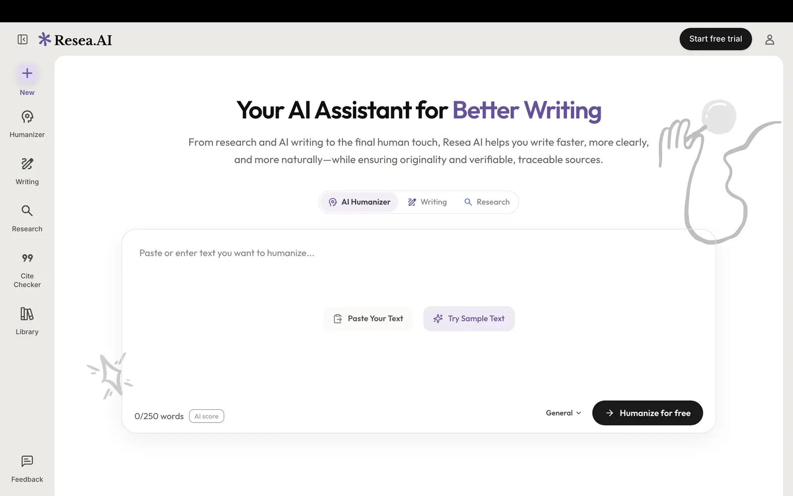 Screenshot of the Resea AI website