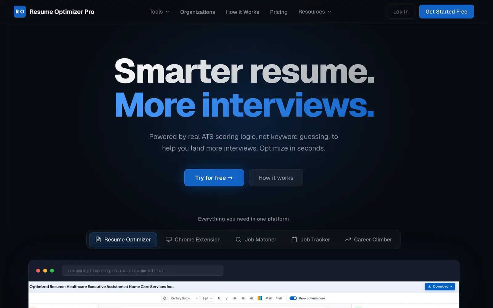 Screenshot of the ResumeOptimizerPro website