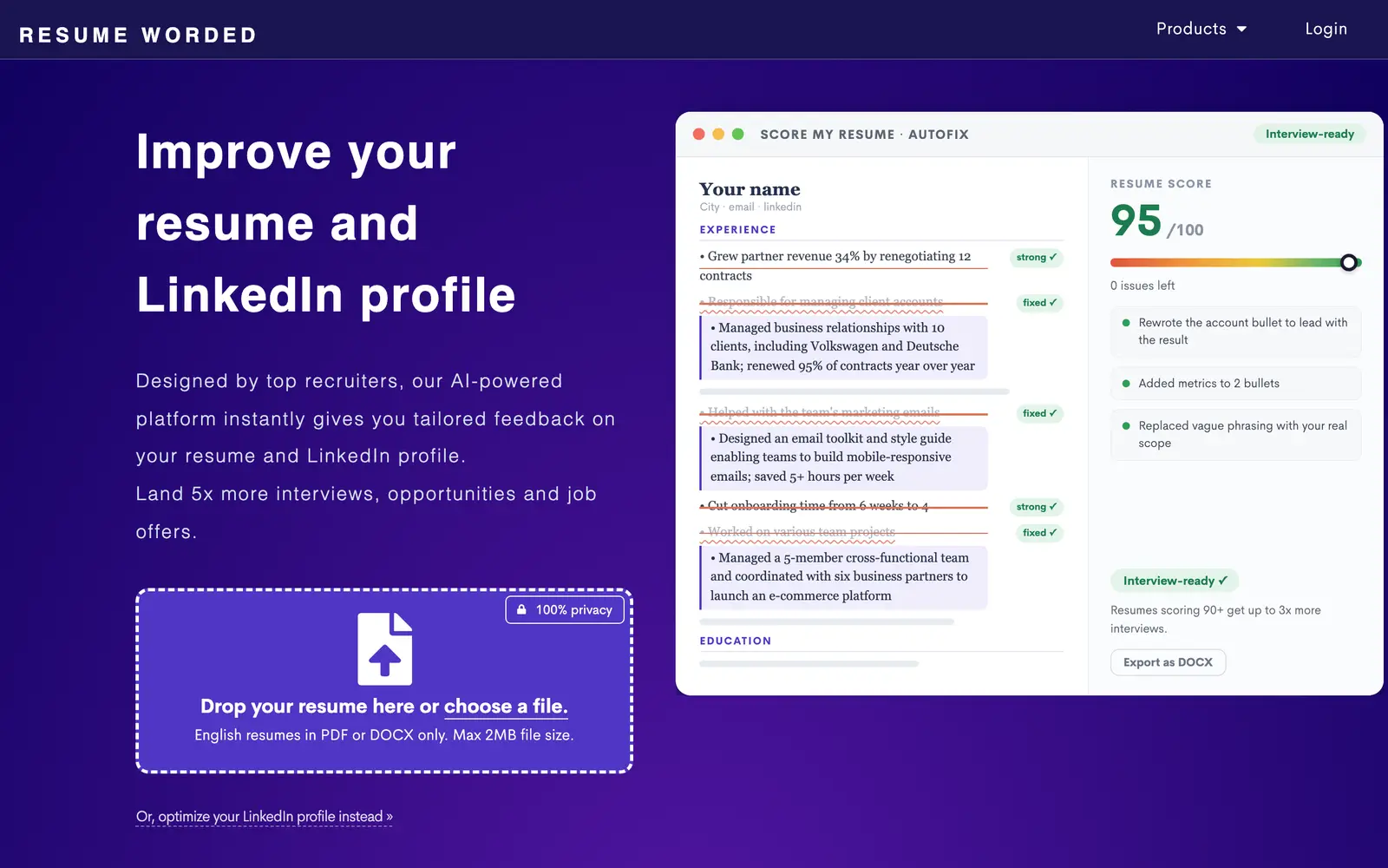 Screenshot of the Resume Worded website