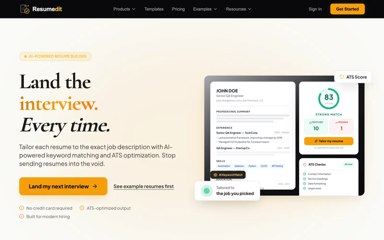 Screenshot of the Resumedit website