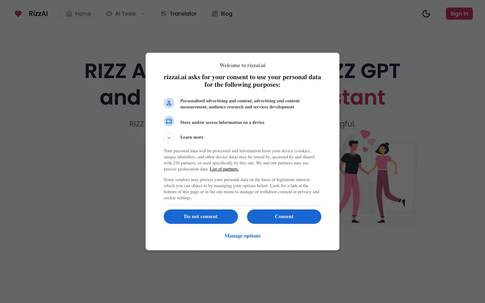 Screenshot of the RIZZ AI website