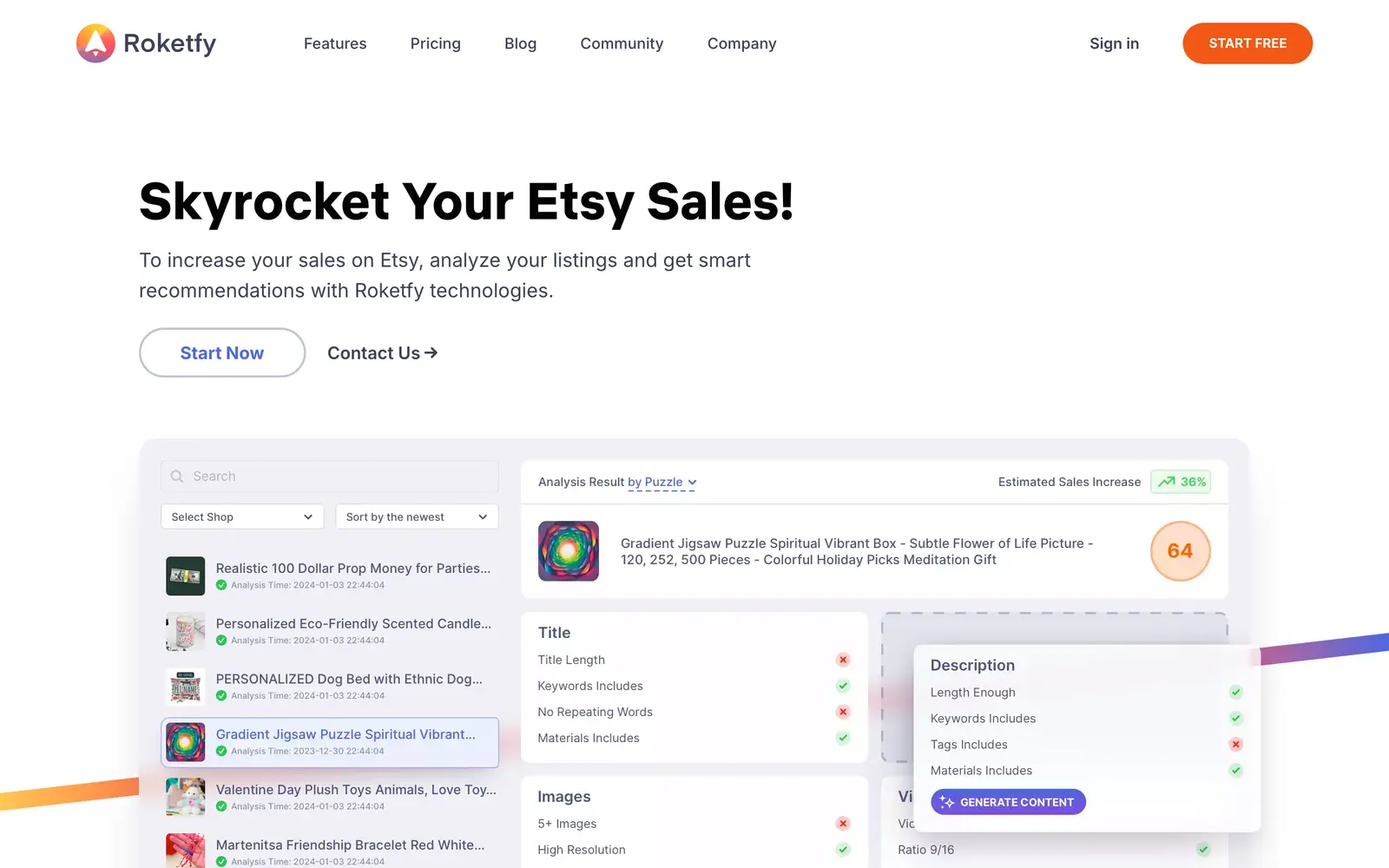 Screenshot of the Roketfy website