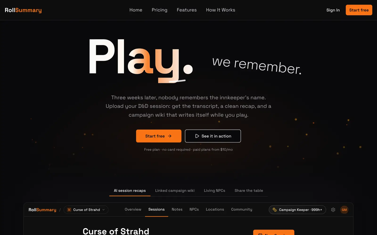 Screenshot of the RollSummary website