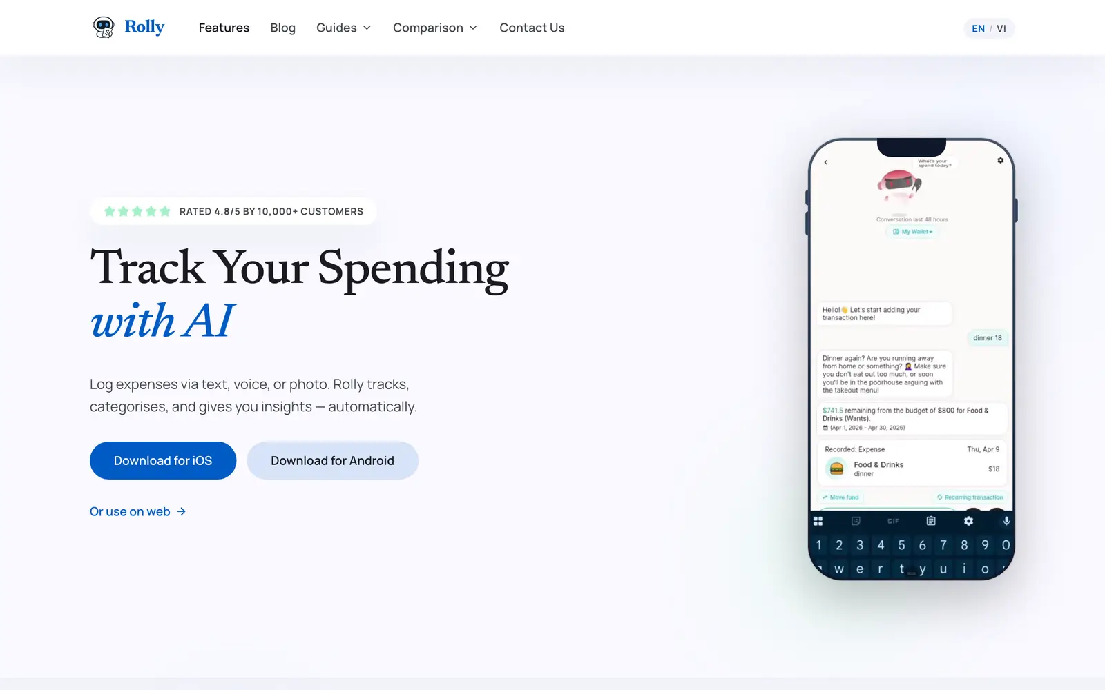 Screenshot of the Rolly: AI Money Tracker website