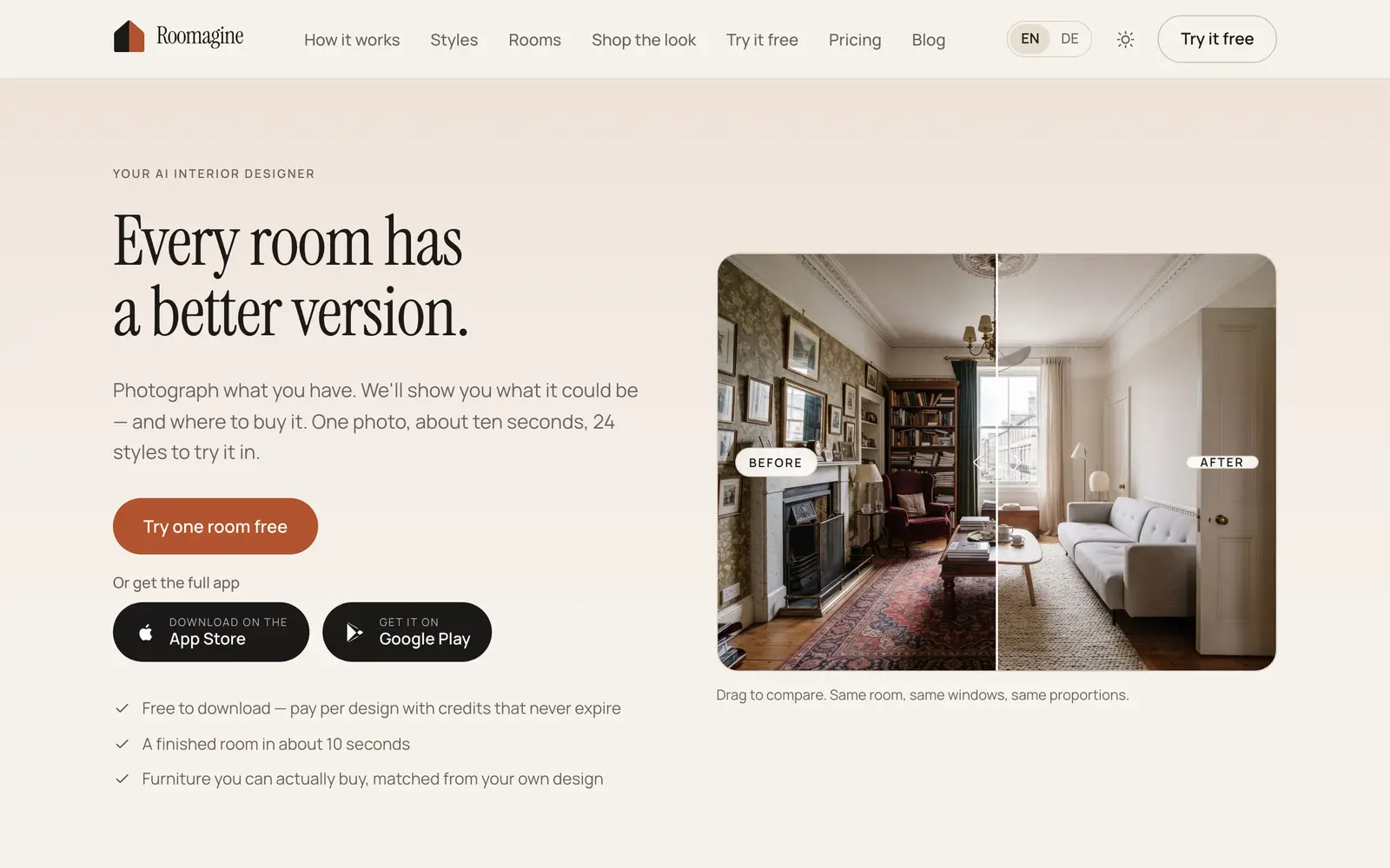 Screenshot of the Roomagine website