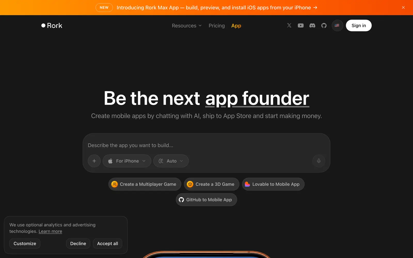 Screenshot of the Rork website