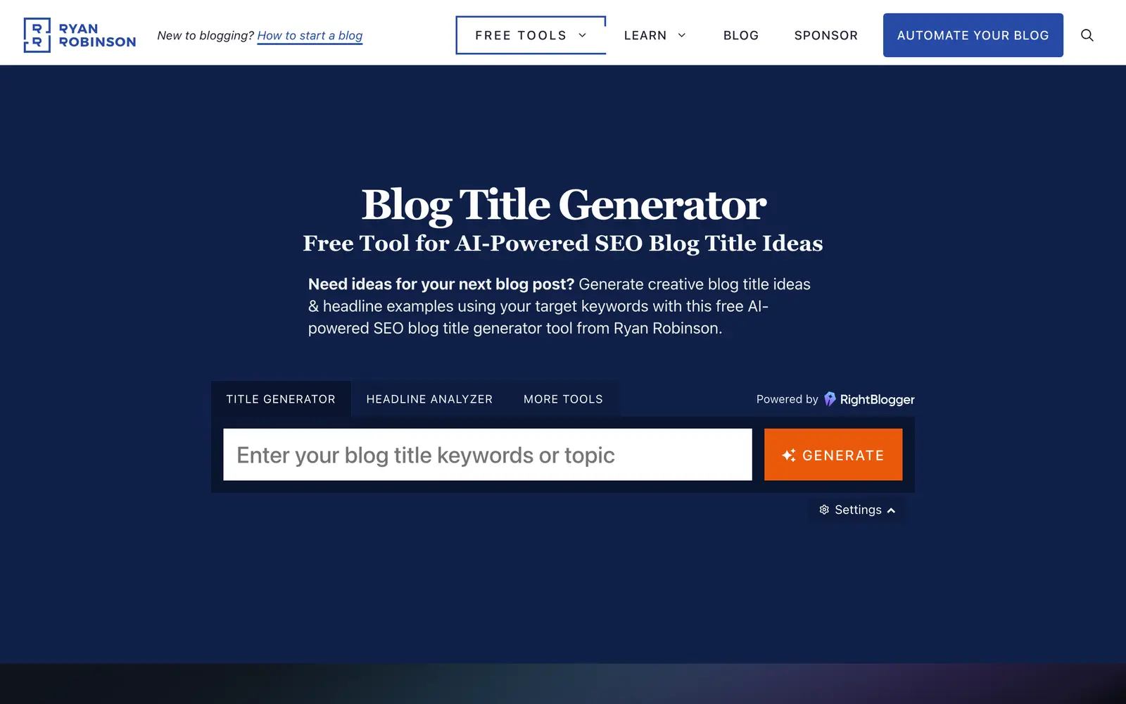 Screenshot of the Ryrob Blog Title Generator website