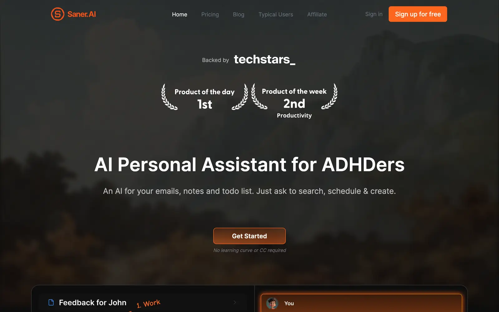 Screenshot of the Saner.AI website
