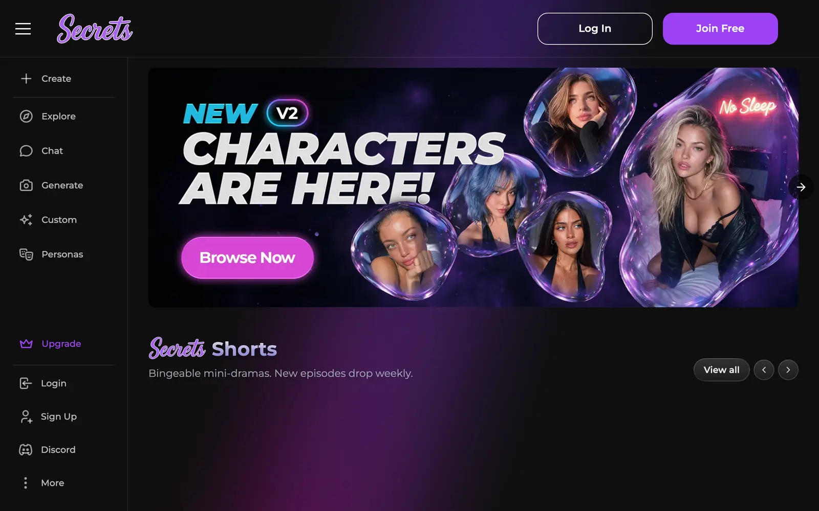 Screenshot of the Secrets AI website