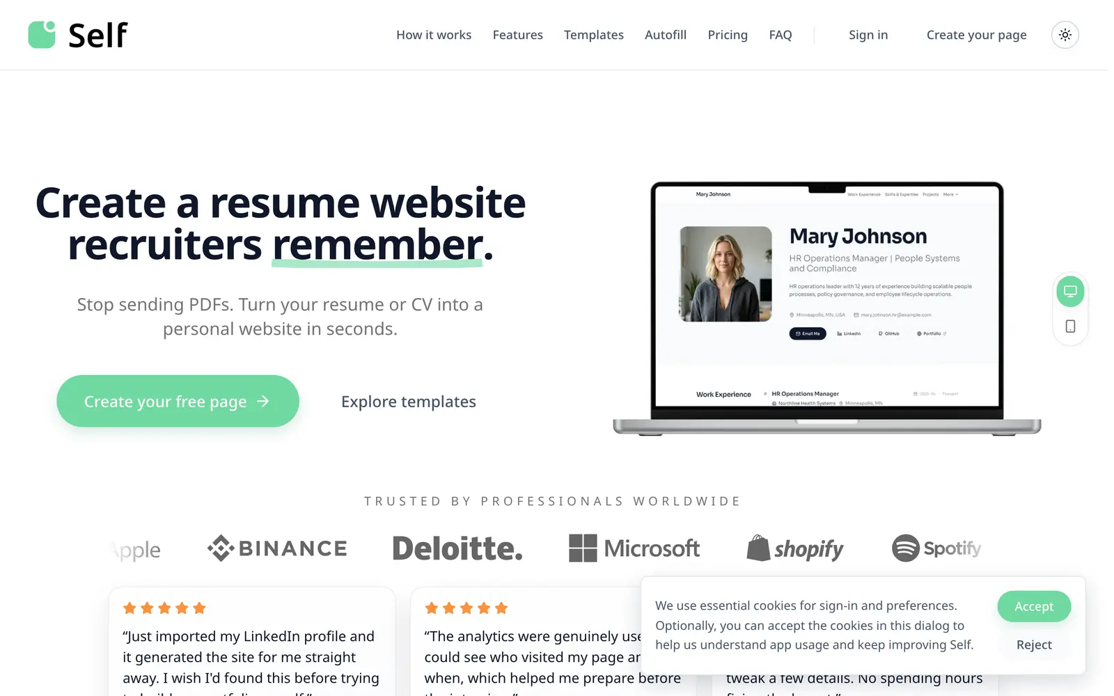 Screenshot of the Self.cv website