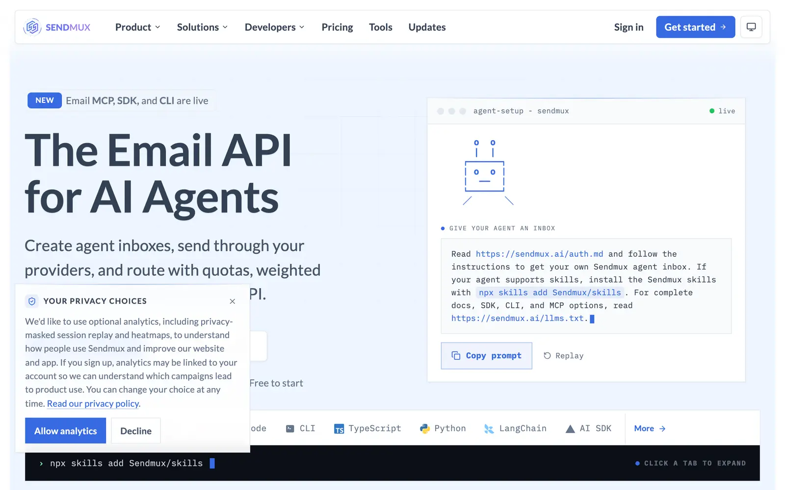 Screenshot of the Sendmux website