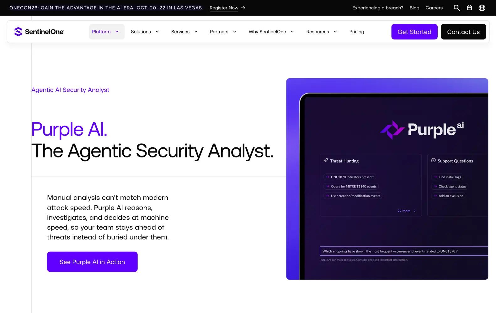 Screenshot of the SentinelOne Purple AI website