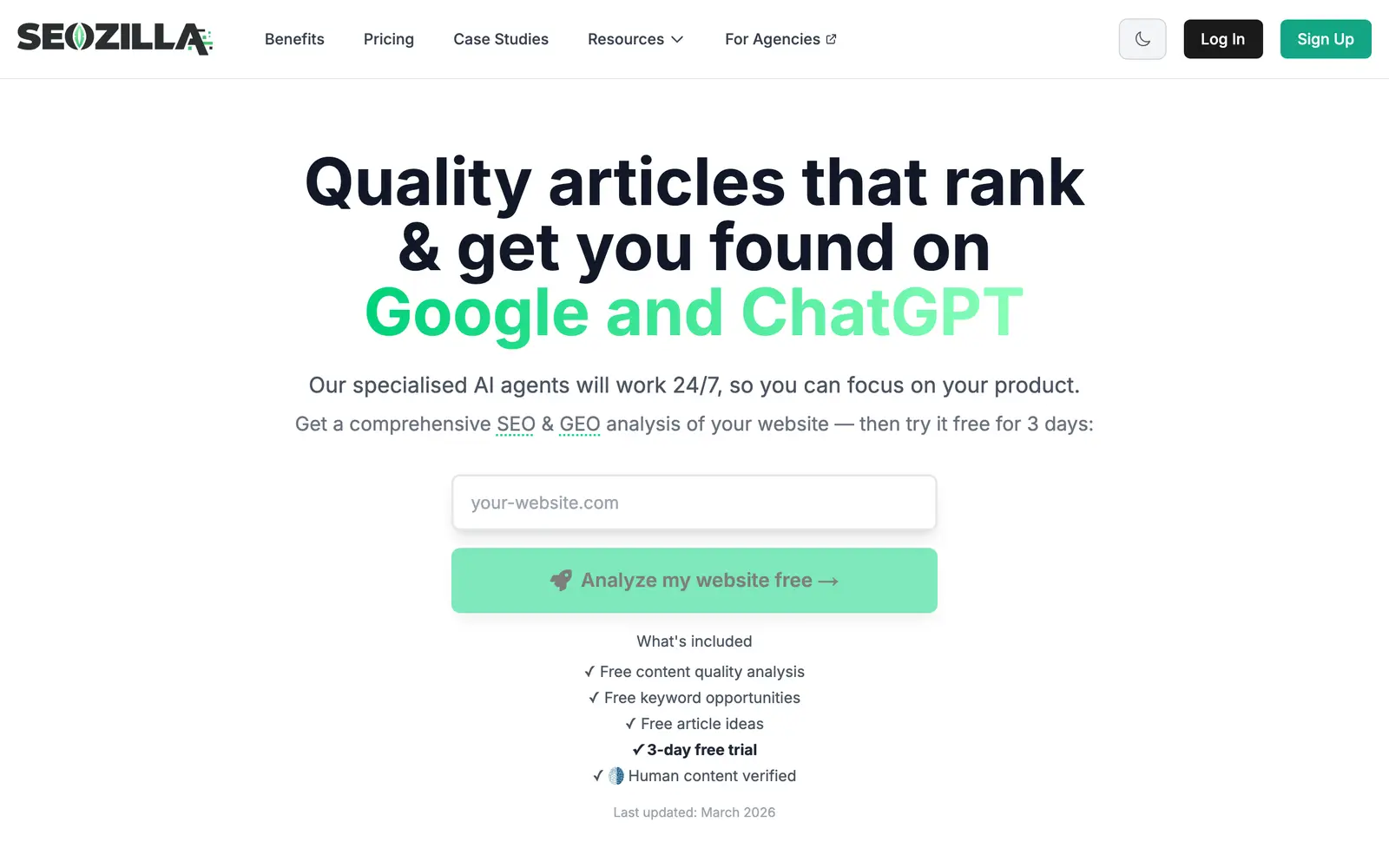Screenshot of the SEOZilla website