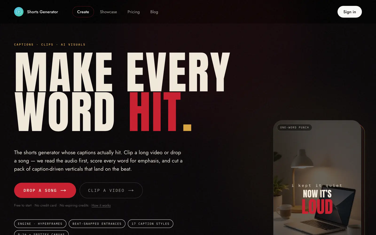 Screenshot of the Shorts Generator website