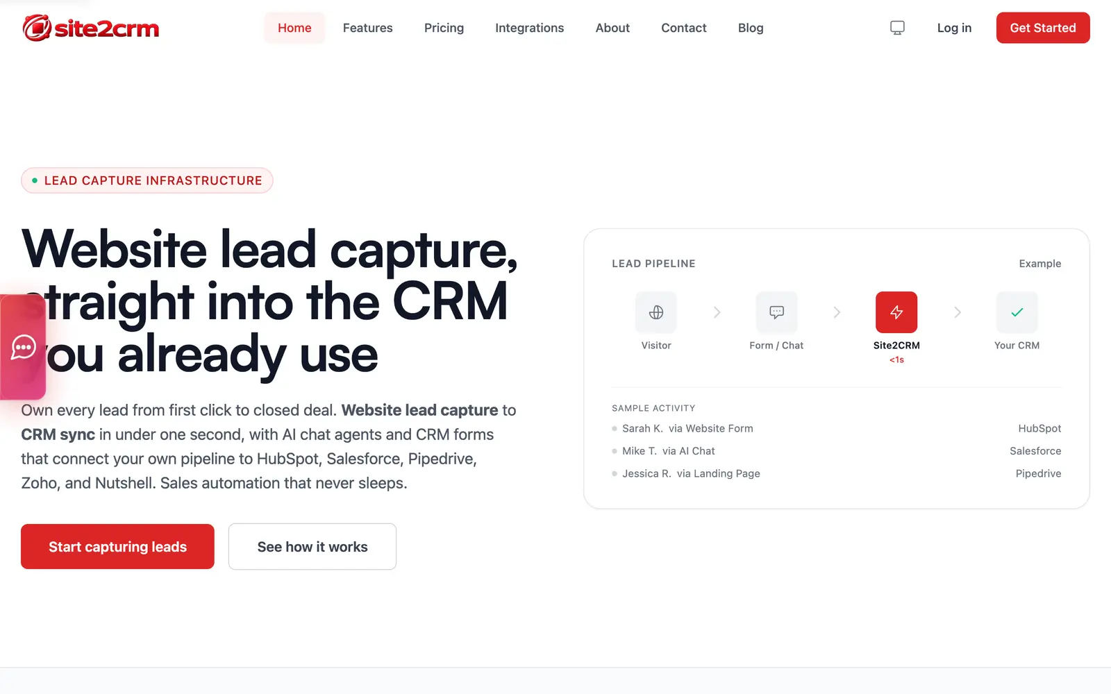 Screenshot of the Site2CRM website