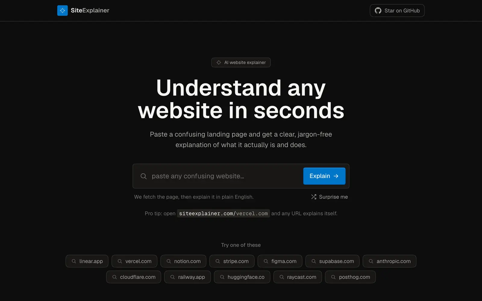 Screenshot of the SiteExplainer website