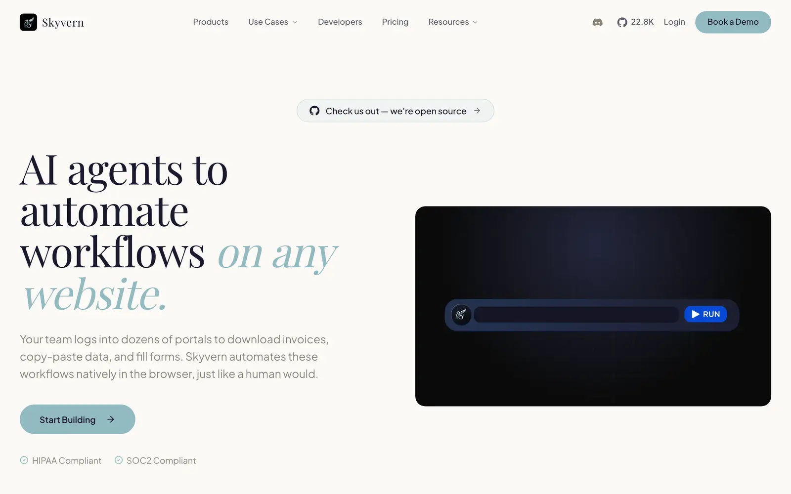 Screenshot of the Skyvern website