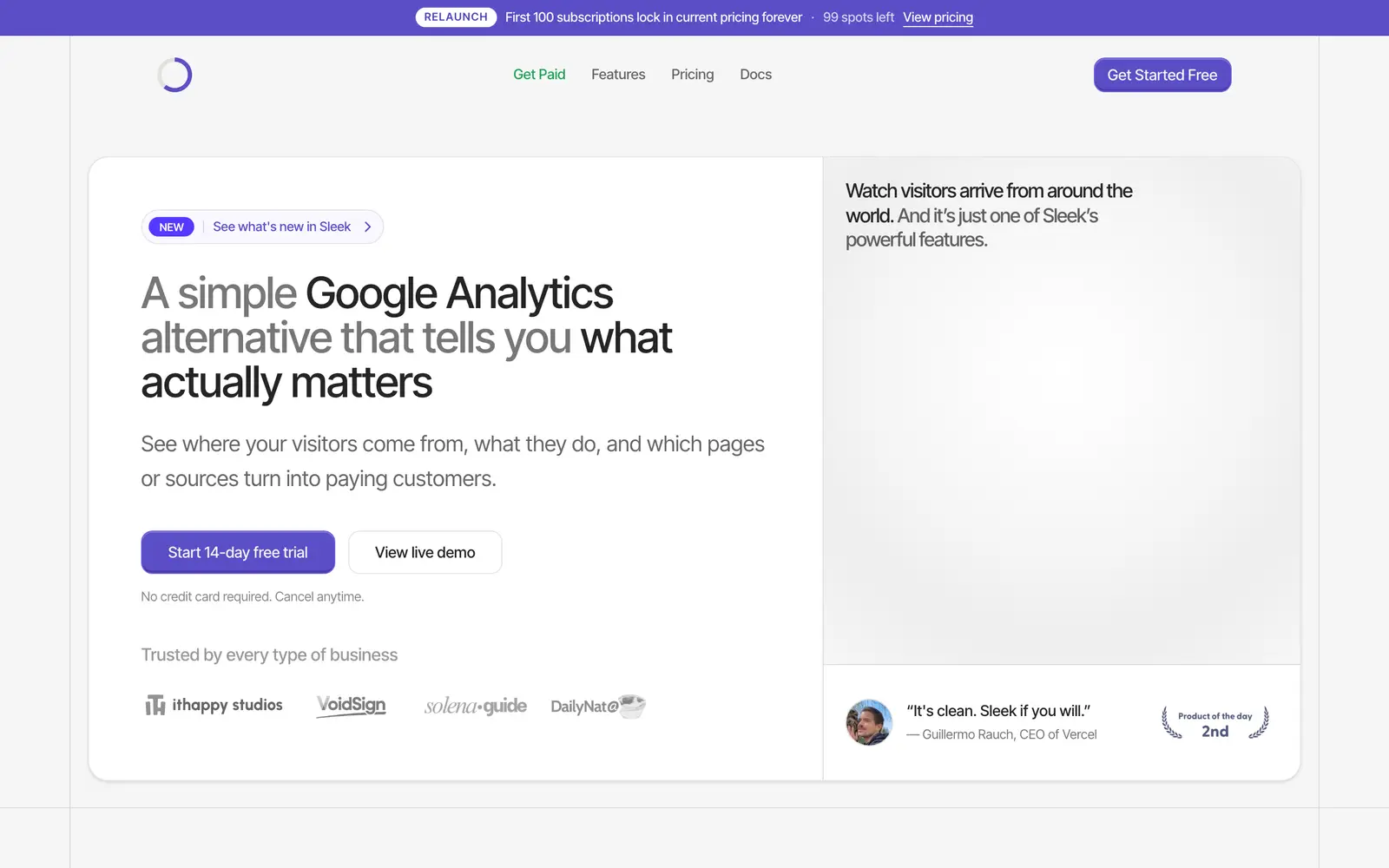 Screenshot of the Sleek Analytics website
