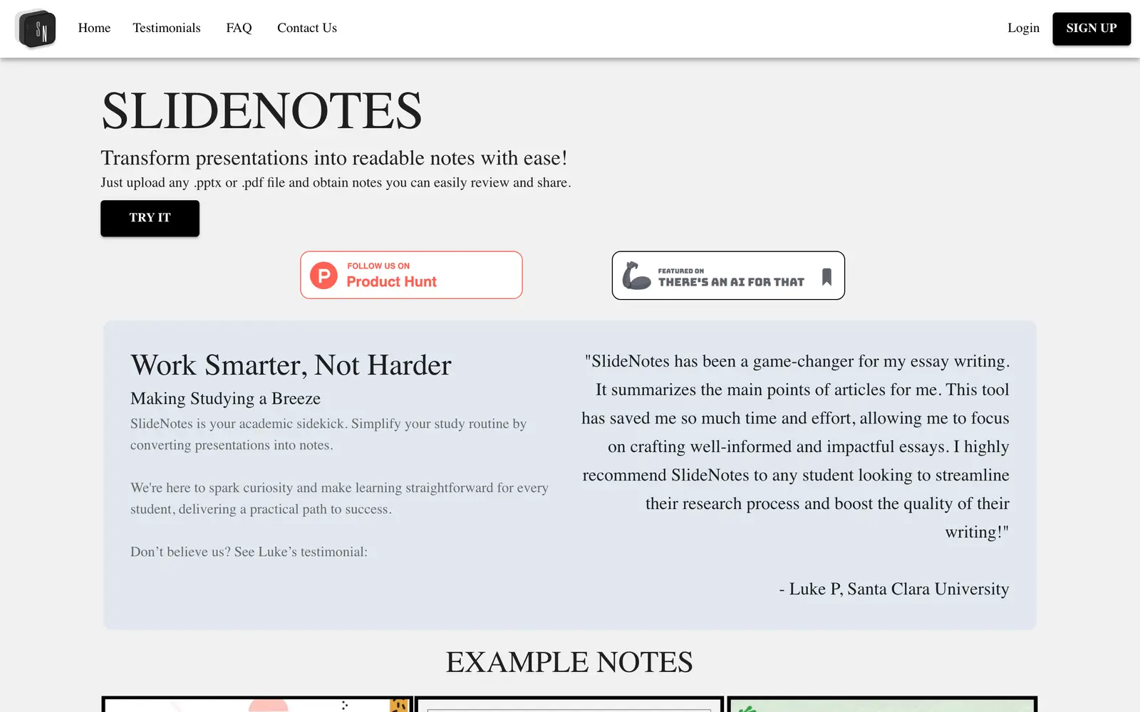 Screenshot of the SlideNotes website