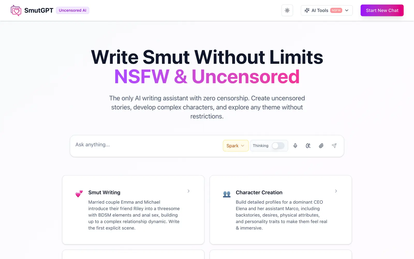Screenshot of the SmutGPT AI website