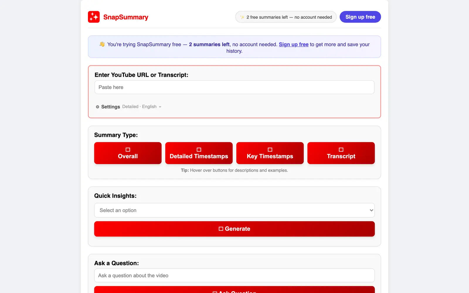 Screenshot of the SnapSummary website