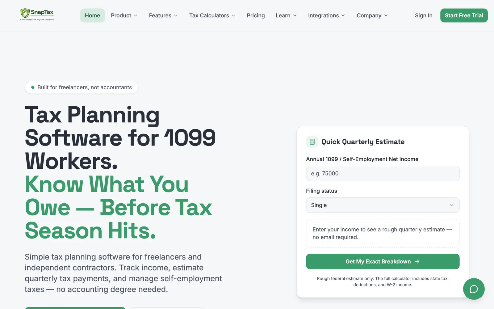 Screenshot of the SnapTax website