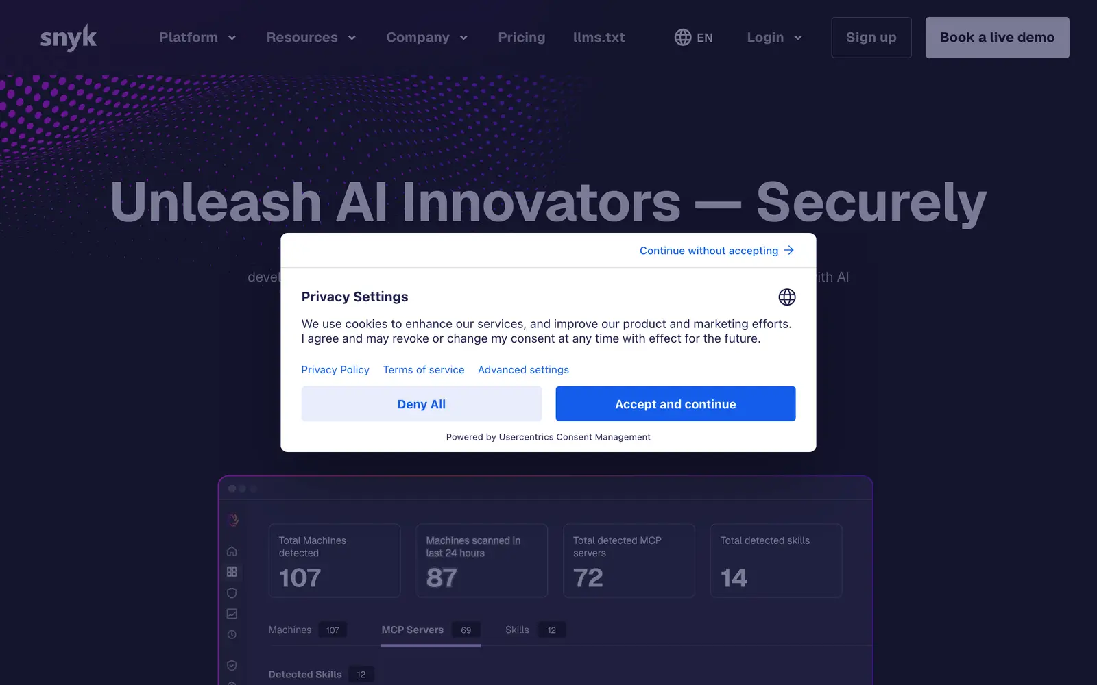 Screenshot of the Snyk website
