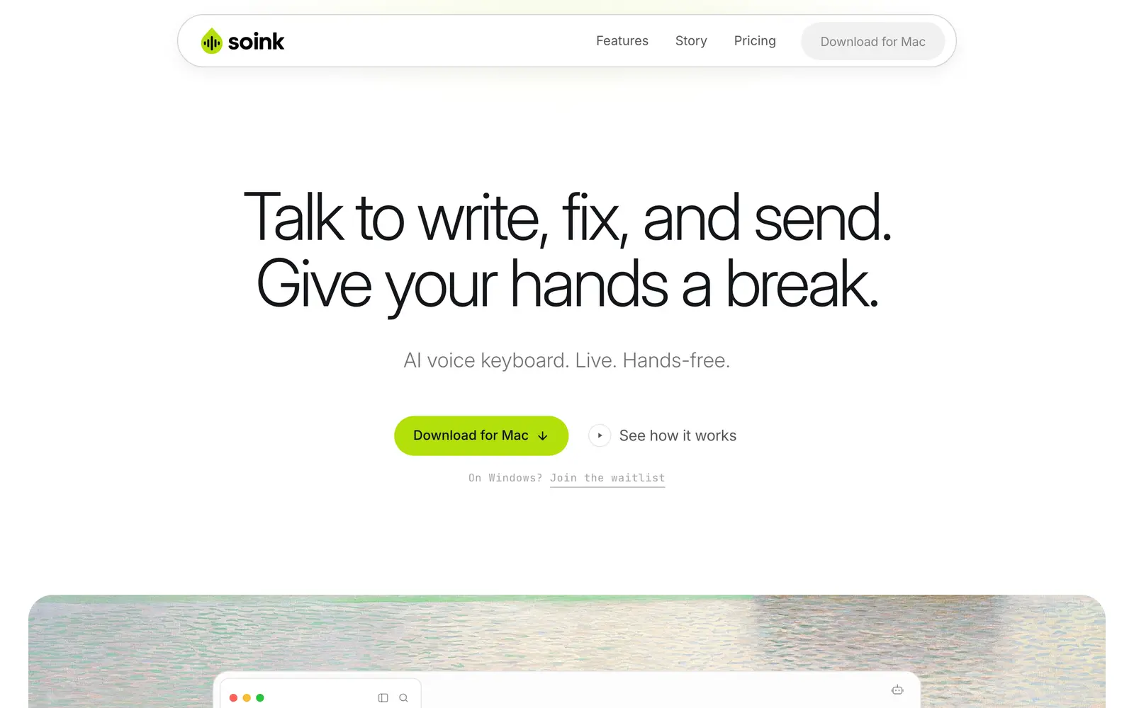 Screenshot of the soink website