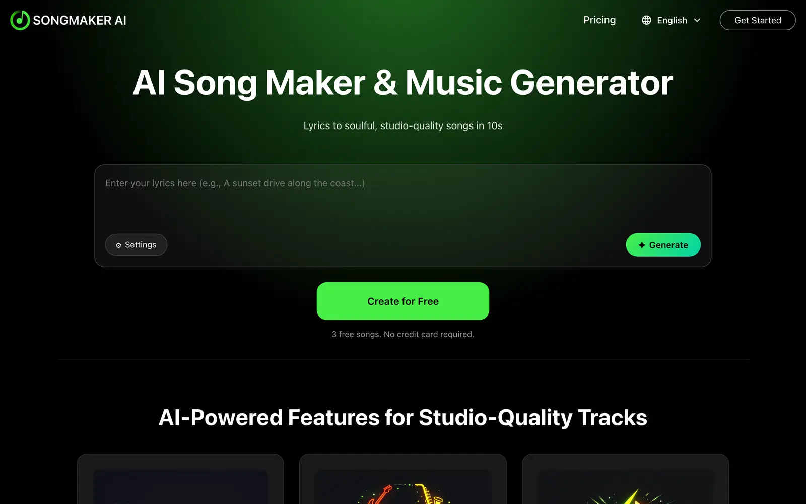 Screenshot of the Songmaker AI website