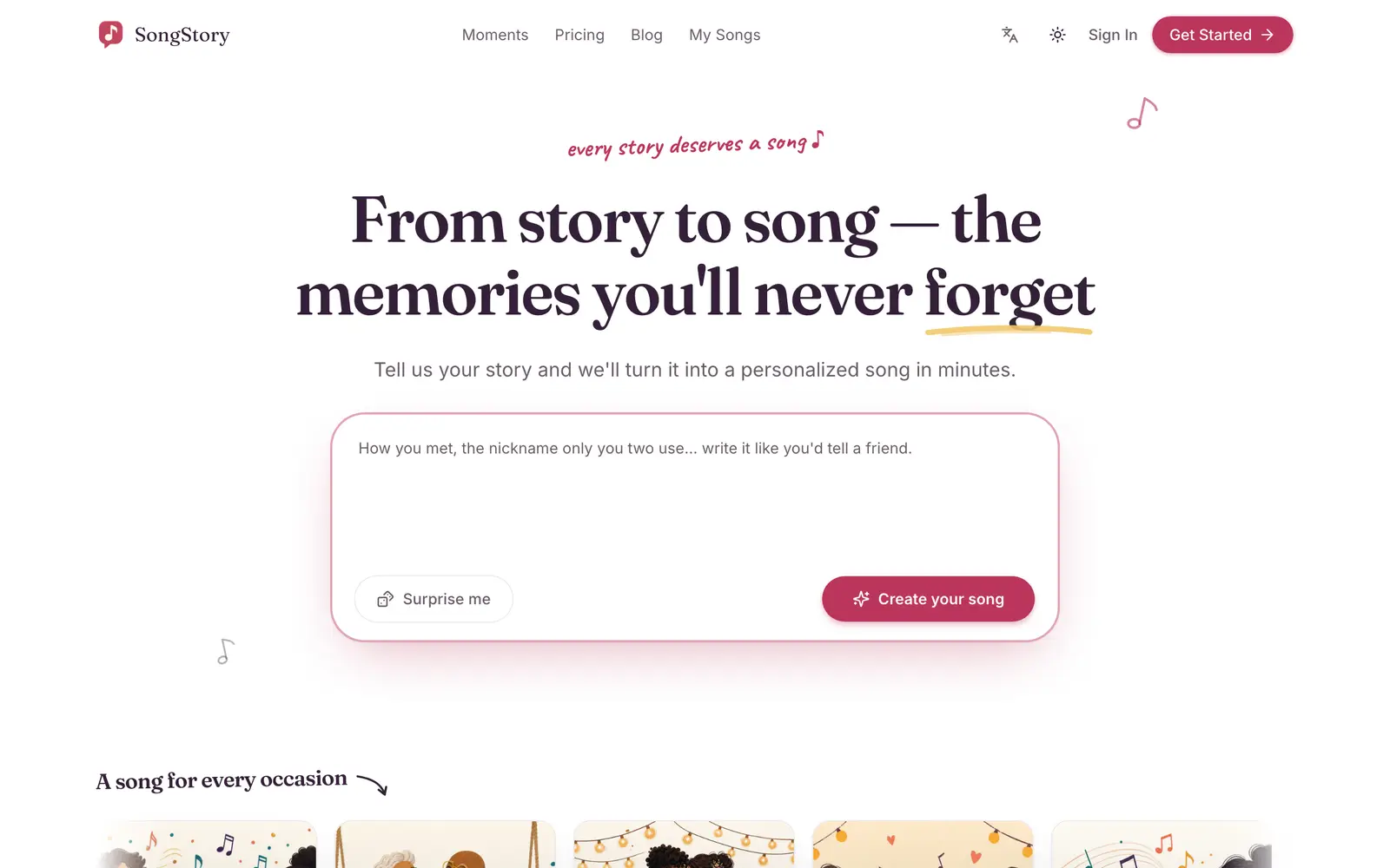 Screenshot of the SongStory website