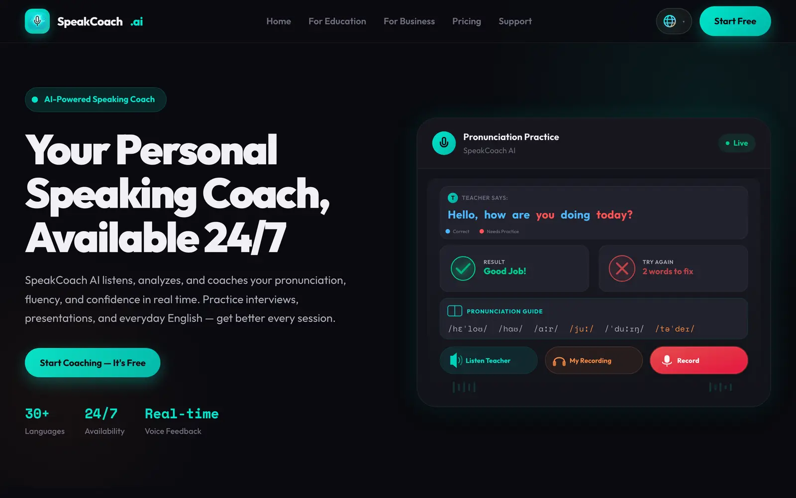 Screenshot of the SpeakCoach.ai website