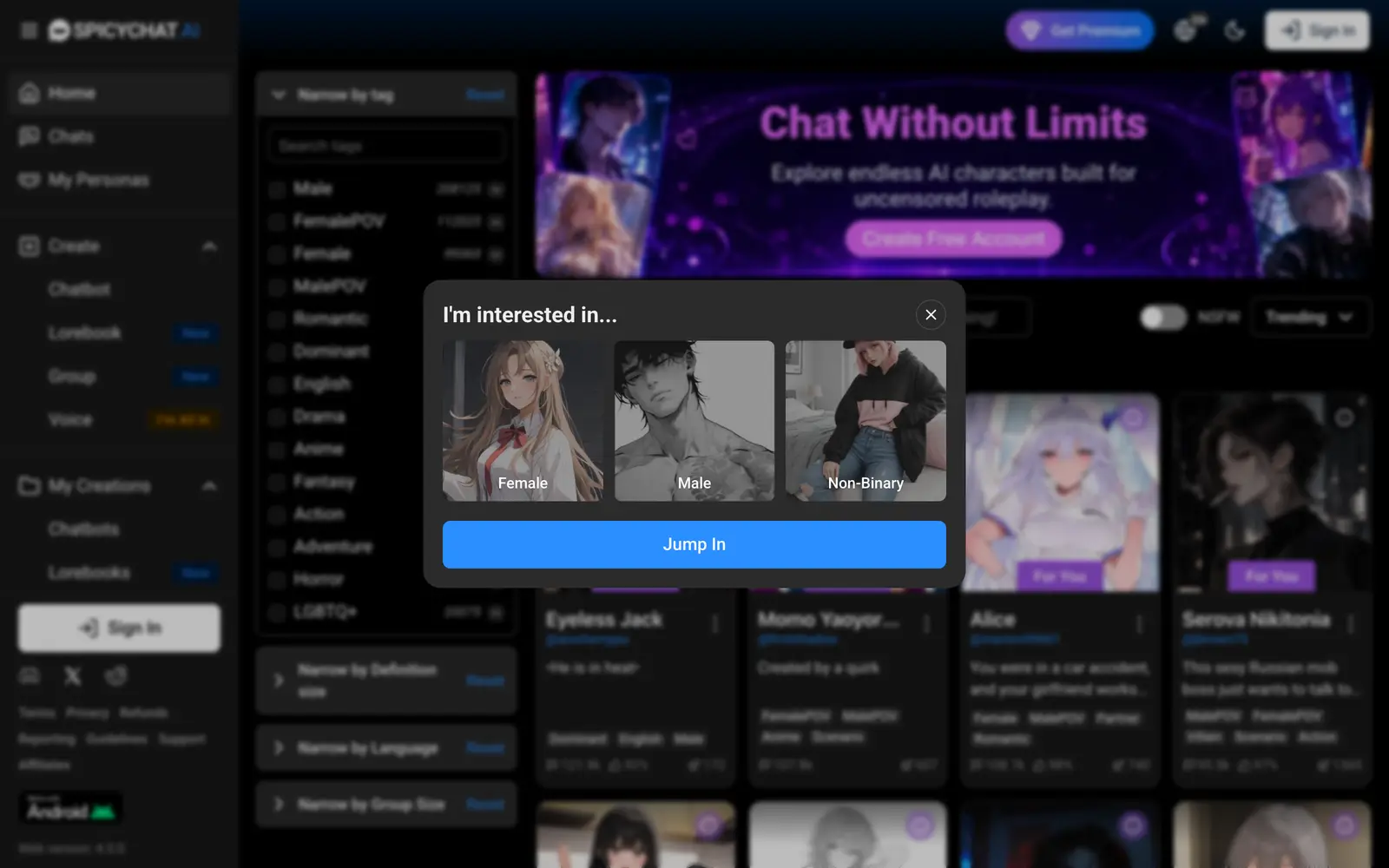 Screenshot of the SpicyChat website