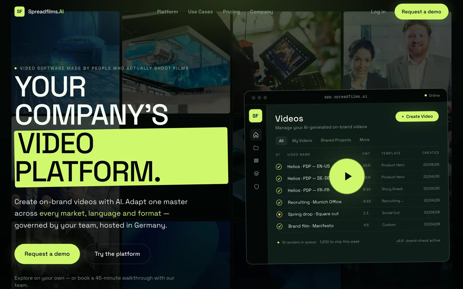 Screenshot of the Spreadfilms AI website