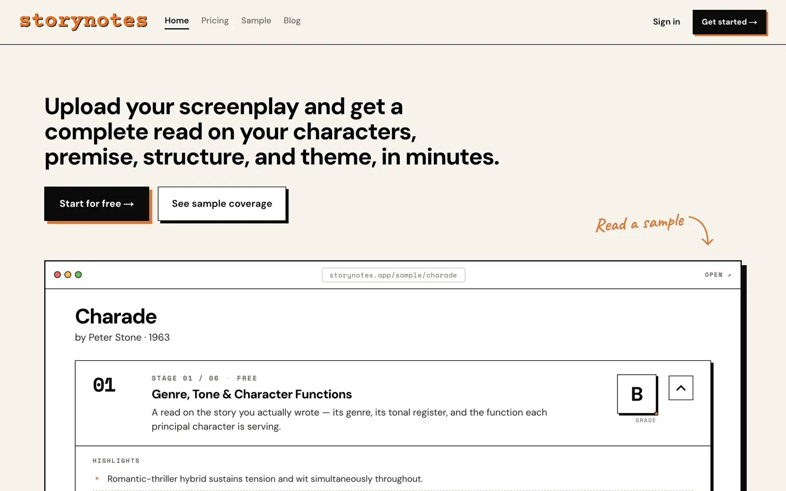 Screenshot of the Story Notes website