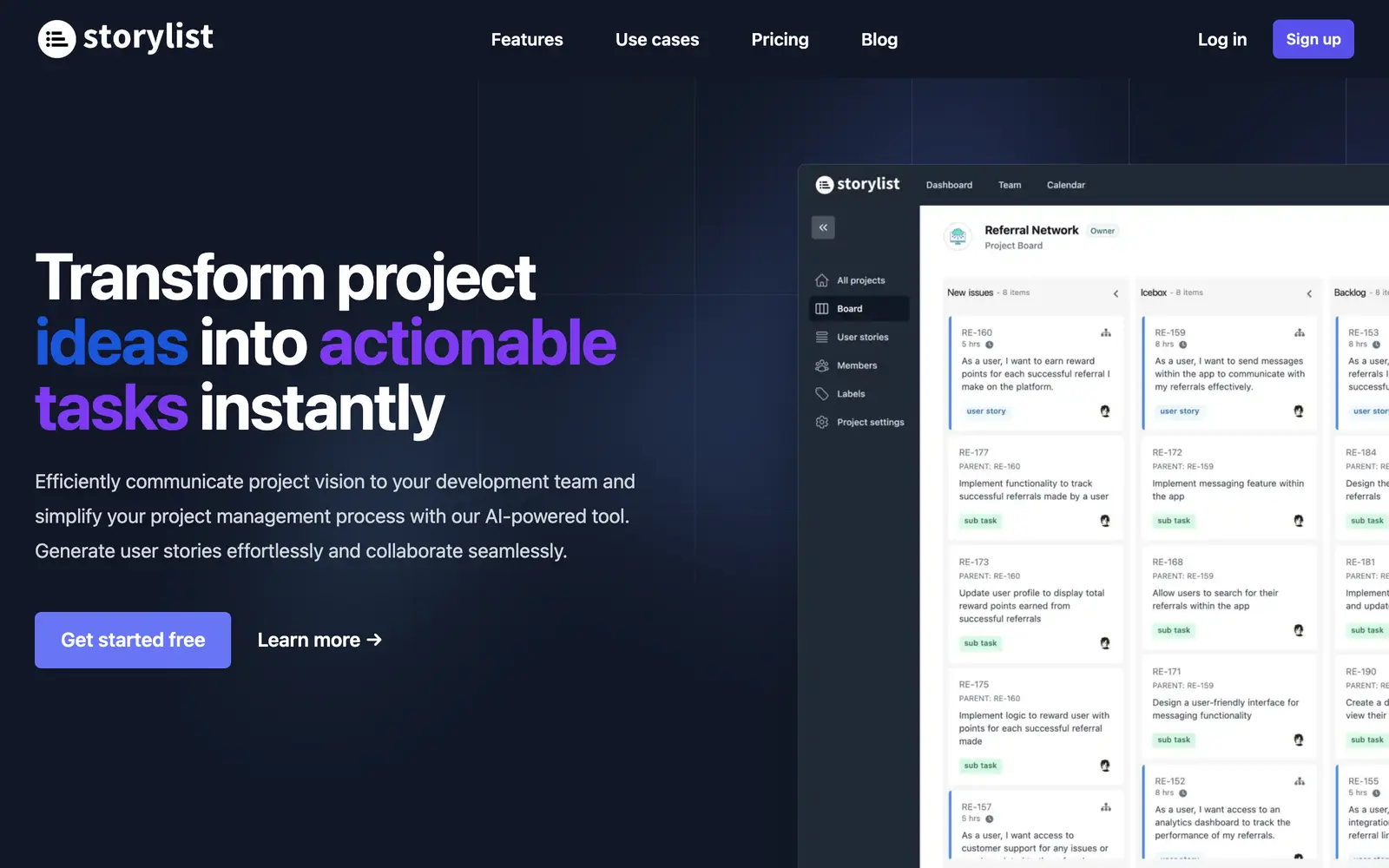 Screenshot of the Storylist website