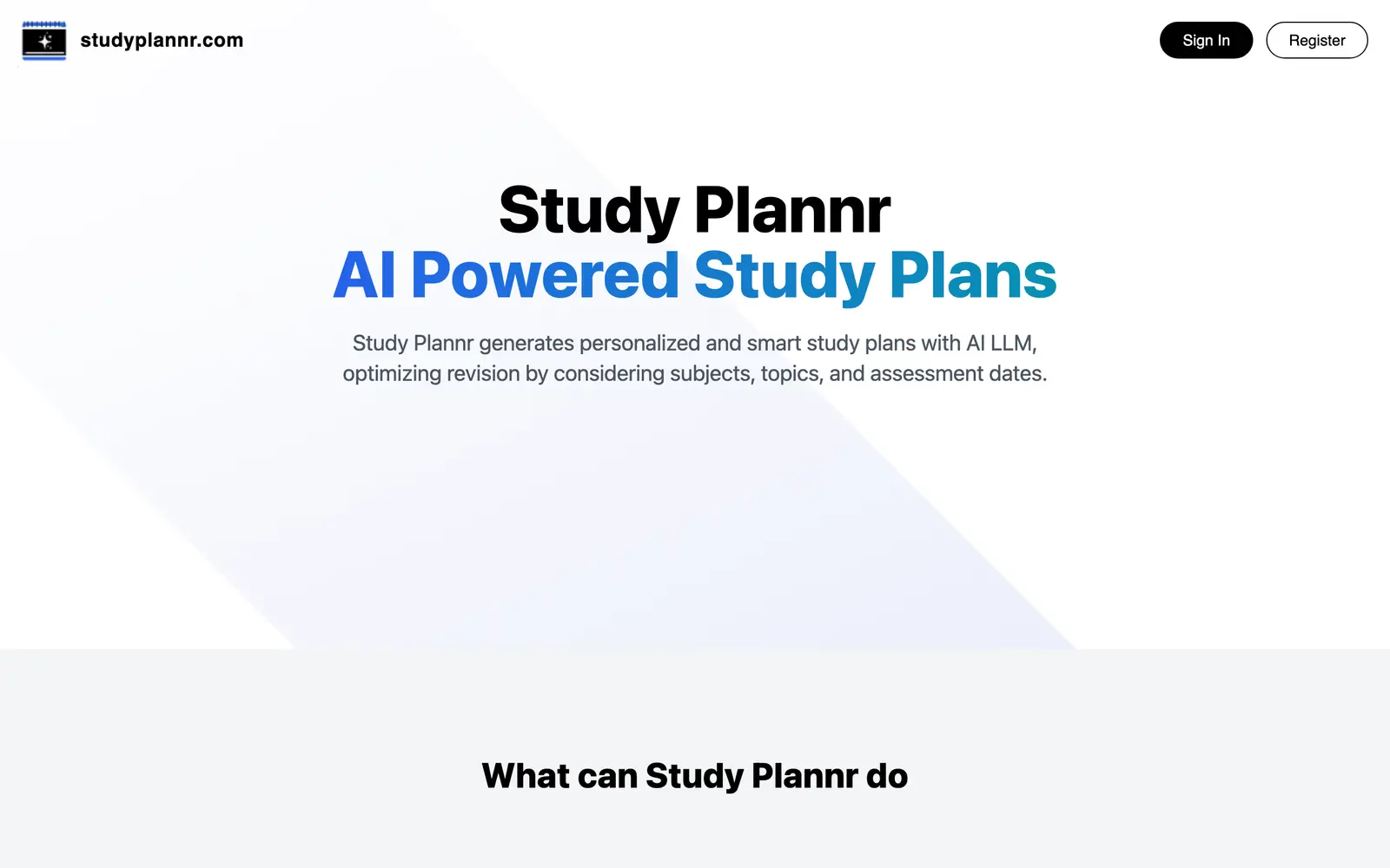 Screenshot of the Study Plannr website
