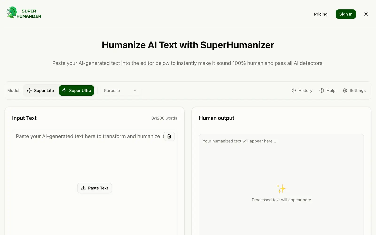 Screenshot of the SuperHumanizer website