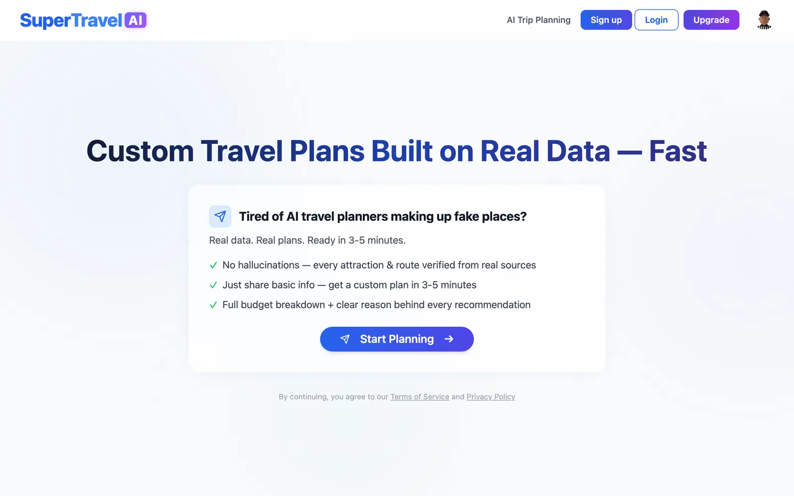 Screenshot of the SuperTravel AI Trip Planner website