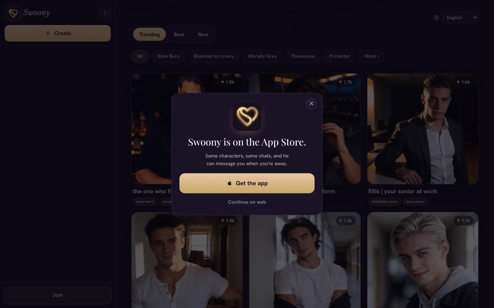 Screenshot of the Swoony website
