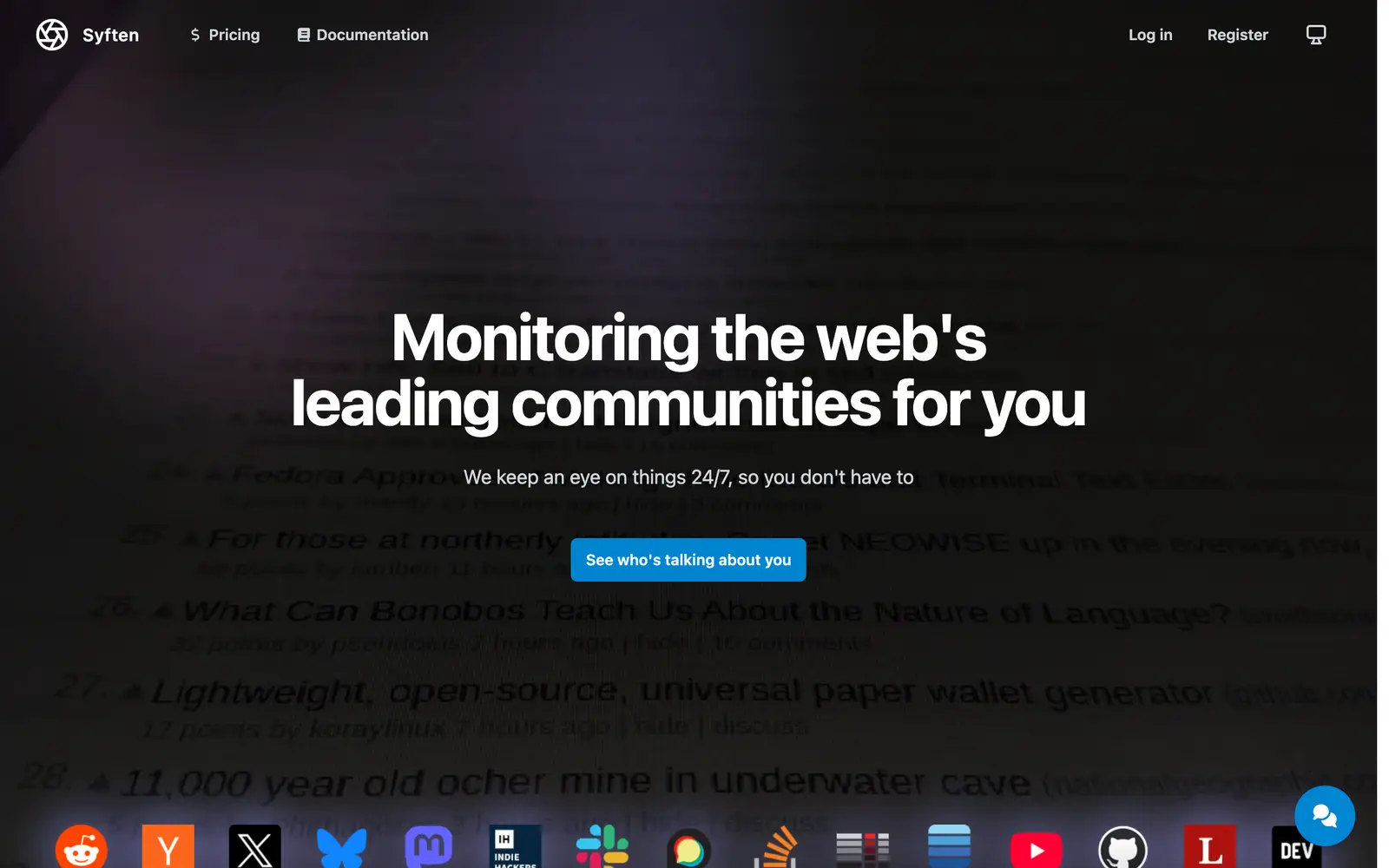 Screenshot of the Syften website